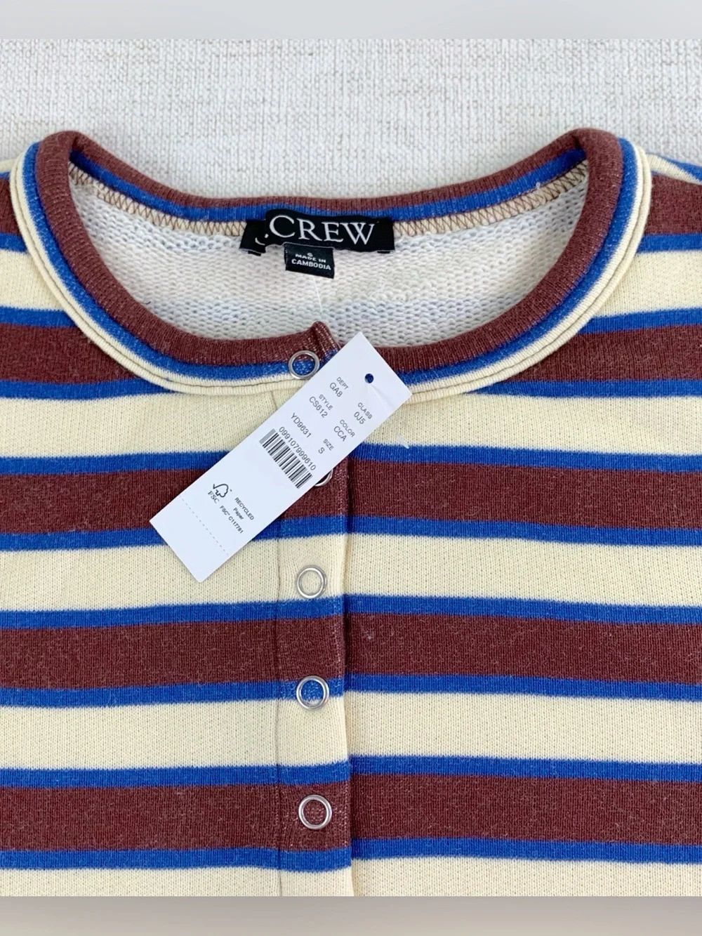 J Crew women's S Heritage terry cropped cardigan in stripe long sleeve crew neck